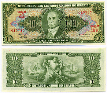 БРАЗИЛИЯ 1 СЕНТАВО 1967 НАДПЕЧАТКА НА 10 КРУЗЕЙРО, СЕРИЯ 3783, ESTAMPA 2A, ЖЕТУЛИУ ВАРГАС Pick 183b бумага UNC (ПРЕСС) 8564-46-1