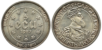 Бельгия 5 экю 1987 30 лет Римскому договору, Карл V Габсбург (1500-1558) KM 166 серебро UNC 443-1031