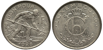ЛЮКСЕМБУРГ 1 ФРАНК 1928 СТАЛЕВАР, ДИАМЕТР 22,8 ММ., ВЕЛИКАЯ ГЕРЦОГИНЯ ШАРЛОТТА (1919-1964) KM 35 никель 4538-853