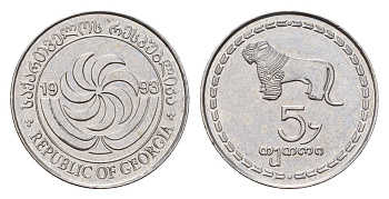 Грузия 5 тетри 1993 год-тип KM 78 нержавеющая сталь UNC 4647-1226