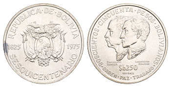Боливия 250 боливиано 1975 150 лет Независимости KM 195 серебро BU 413-1711