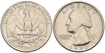 США 25 центов = квотер 1990 D, Вашингтон KM A164a медь плакированная медно-никелем 259-1015