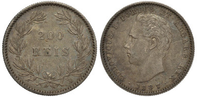 Португалия 200 рейс 1887 ЛУИШ I (1861-1889) KM 512 серебро 443-1015