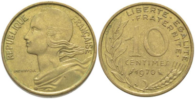 ФРАНЦИЯ 10 САНТИМОВ 1970 ТИП MARIANNE KM 929, LE FRANC 144.10 медь алюминий никель 116-121