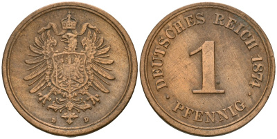 Германия 1 пфенниг 1874 D, Вильгельм I (1871-1888) KM 1, J. 1 медь 4608-548