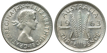 Австралия 3 пенса 1963 m, Елизавета II (1952-2022) KM 57 серебро 71-924