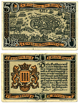 Линген 50 пфеннигов 1921 1 Апреля 1921, нотгельд, земля Нижняя Саксония Grabowski 803.2а бумага 2193-21-2-2