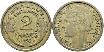 ФРАНЦИЯ 2 ФРАНКА 1935 KM 886 алюминиевая бронза 3334-914