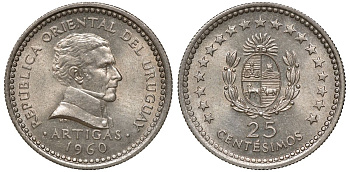 Уругвай 25 сентесимо 1960 KM 40 медно-никель 4169-912