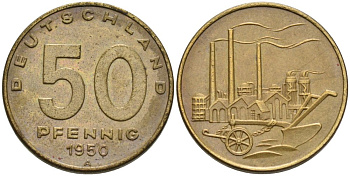ГДР 50 пфеннигов 1950 А, фабрика KM 4 алюминиевая бронза 4575-525