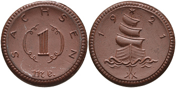 Саксония 1 марка 1921 парусник J. N 55 фарфор 1094-3-42