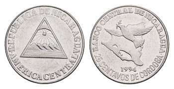 Никарагуа 25 сентаво 1994 KM 82 хромированная сталь 4640-1038