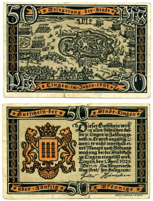 Линген 50 пфеннигов 1921 1 Апреля 1921, нотгельд, земля Нижняя Саксония Grabowski 803.2а бумага 2193-21-2-2