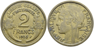 ФРАНЦИЯ 2 ФРАНКА 1935 KM 886 алюминиевая бронза 3334-914