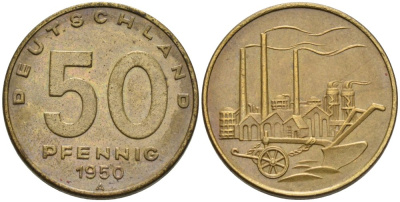 ГДР 50 пфеннигов 1950 А, фабрика KM 4 алюминиевая бронза 4575-525