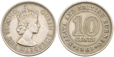 Малайя и Британское Борнео 10 центов 1961 Елизавета II (1952-2022) KM 2 медно-никель 4547-955