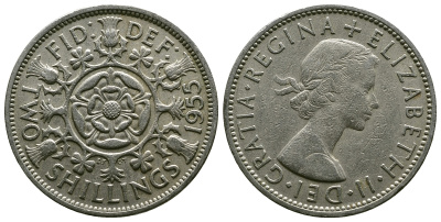 Великобритания 2 шиллинга (флорин) 1955 Елизавета II (1952-2022) KM 906, Spink 4146 медно-никель 4607-916