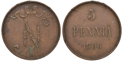 Россия для Финляндии 5 пенни 1906 Биткин 447 медь 53-433