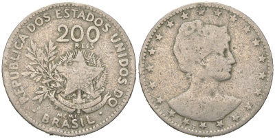 Бразилия 200 реалов 1901 MCMI, голова свободы вправо KM 504 медно-никель 4612-233