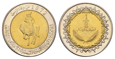 Ливия 1/2 динара 2004 AH 1372, год-тип KM 27 биметалл UNC M72-06