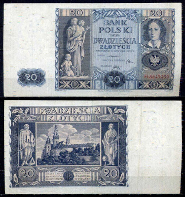 Польша 20 злотых 1936 Pick 77 бумага 7552-9-2-1