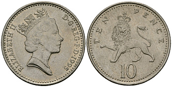 Великобритания 10 пенсов 1995 Елизавета II (1952-2022) KM 938b, Spink 4367 (F4) медно-никель 4545-943