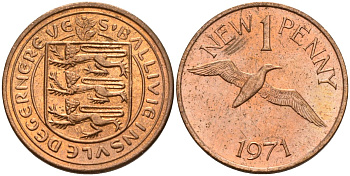 Гернси 1 пенни 1971 Елизавета II (1952-2022), северная олуша в полете KM 21 бронза 4152-1267