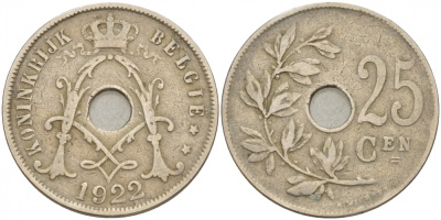 Бельгия 25 сантимов 1922 Belgie, Альберт I (1909-1934) KM 69 медно-никель 87-1531