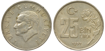 Турция 25000 лир 1997 Мустафа Кемаль Ататюрк KM 1041 медь цинк никель 62-621