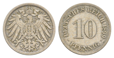 Германия 10 пфеннигов 1899 D, Вильгельм II (1888-1918) KM 12, J. 13 медно-никель 4644-1151