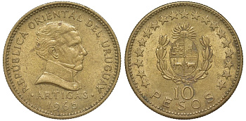 Уругвай 10 песо 1965 KM 48 алюминиевая бронза 81-1032