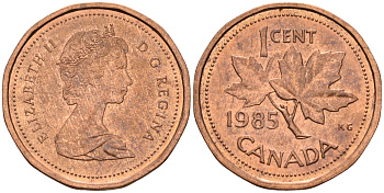 Канада 1 цент 1985 Елизавета II (1952-2022), кленовый лист KM 132 бронза 4147-315