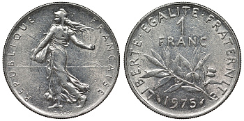 Франция 1 франк 1975 сеятель KM 925.1, Le Franc 226.20 никель 4128-431