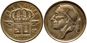 БЕЛЬГИЯ 50 САНТИМОВ 1958 BELGIE KM 149.1 бронза 4392-818