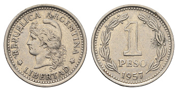 Аргентина 1 песо 1957 KM 57 сталь плакированная никелем 4663-624