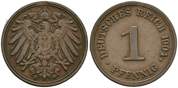 Германия 1 пфенниг 1904 G, Вильгельм II (1888-1918) KM 10, J. 10 медь 4608-235