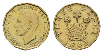 Великобритания 3 пенса 1943 Георг VI (1936-1952) KM 849, Spink 4112 никель латунь 4121-513