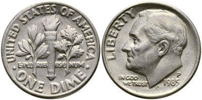 США 10 ЦЕНТОВ = 1 ДАЙМ 1985 P, РУЗВЕЛЬТ KM 195а медь плакированная медно-никелем 46-2443