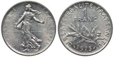 Франция 1 франк 1975 сеятель KM 925.1, Le Franc 226.20 никель 4128-431