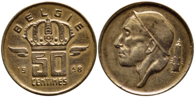 БЕЛЬГИЯ 50 САНТИМОВ 1958 BELGIE KM 149.1 бронза 4392-818