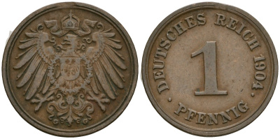 Германия 1 пфенниг 1904 G, Вильгельм II (1888-1918) KM 10, J. 10 медь 4608-235
