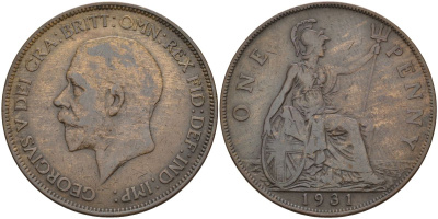 Великобритания 1 пенни 1931 Георг V (1910 - 1936) KM 838, Spink 4055 бронза 4149-734