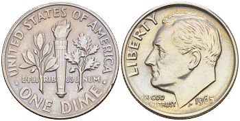 США 10 ЦЕНТОВ = 1 ДАЙМ 1965 РУЗВЕЛЬТ KM 195a медь плакированная медно-никелем 187-1042