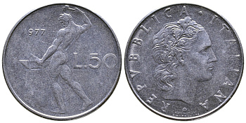 ИТАЛИЯ 50 ЛИР 1977 R, БОГ ОГНЯ ВУЛКАН У НАКОВАЛЬНИ KM 95.1 нержавеющая сталь 59-2031