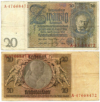 ГЕРМАНИЯ 20 РЕЙХСМАРОК 1929 22 ЯНВАРЯ 1929, ВОДЯНОЙ ЗНАК СИМЕНС Pick 181а бумага 6281-3-1-1