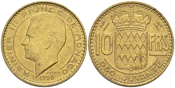 Монако 10 франков 1950 Ренье III (1949-2005) KM 130 алюминиевая бронза 188-1055