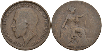 Великобритания 1/2 пенни 1916 Георг V (1910-1936) KM 809, Spink 4056 бронза 4143-652