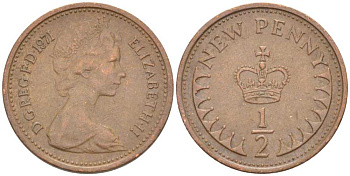 Великобритания 1/2 пенни 1971 Елизавета II (1952-2022) KM 914, Spink 4239 бронза 4387-549