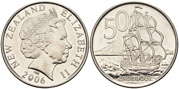 Новая Зеландия 50 центов 2006 Елизавета II (1952-2022), парусник Индевор KM 119а никелированная сталь 4579-1035