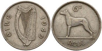 Ирландия 6 пенсов 1949 ирландский волкодав KM 13a медно-никель 4189-717